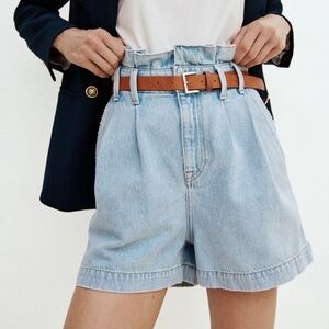 Zara Belted High-Waisted Paper Bag Denim Shorts